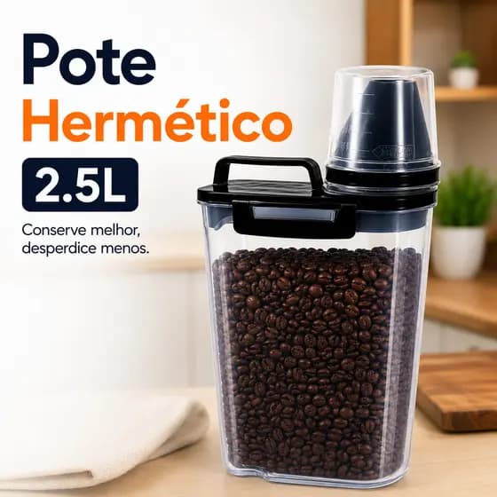 Kit Pote Hermético 2,5L Com Dosador e Copo Medidor Travas Laterais Armazenador de Grãos Liquidos Multiuso