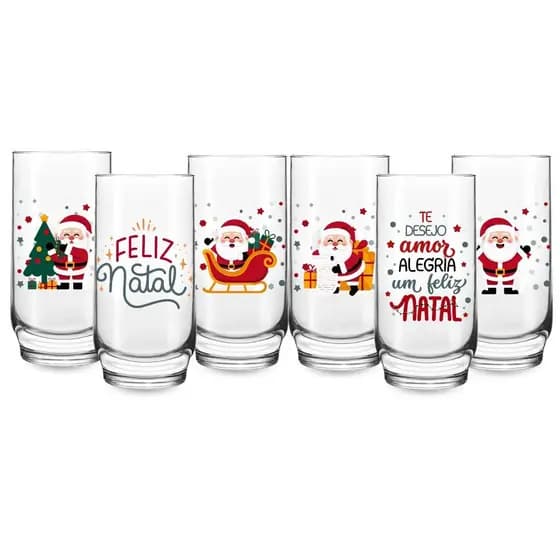 Conj 6 Copos Copos 300ml Vidro Personalizado Estampado Natal Papai Noel Decoração Natalina
