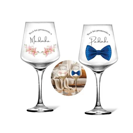 1 Taça De Vinho Vidro Personalizada Padrinho Madrinha Convite Casamento Batizado Dindo e Dinda