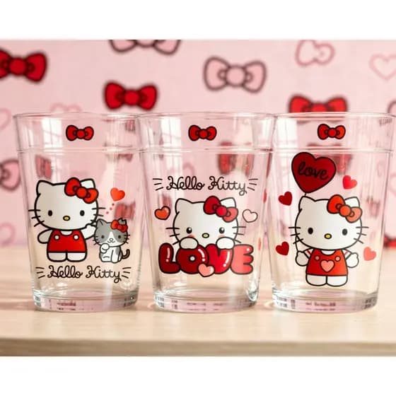 Jogo 3 Copos Americanos Linha Hello Kitty 190ml Vidro P/ Suco Drinks Café