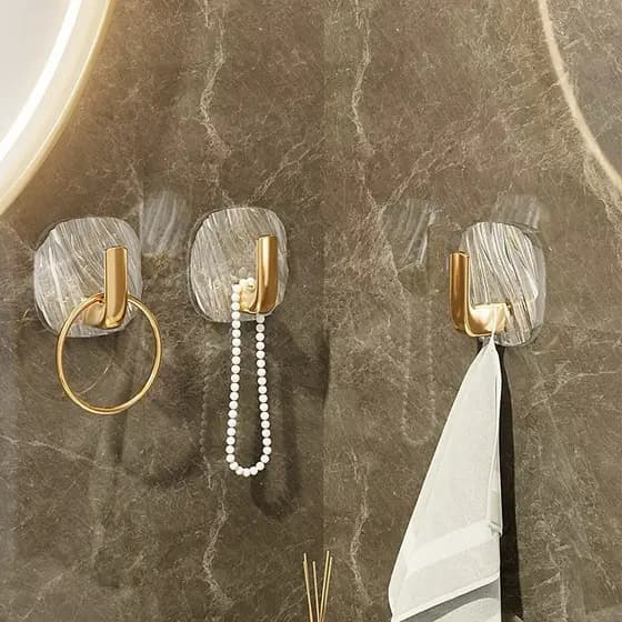 Kit de Gancho Adesivo Decorativo Transparente com Suporte Dourado Prata Sem Furar