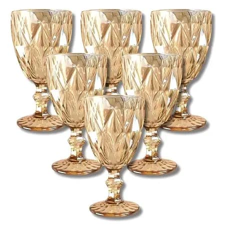 Kit Jogo 6 Taças Douradas Âmbar 340ml Vidro Diamante Diamond Bico Jaca Vinho Suco Água Restaurante Buffet