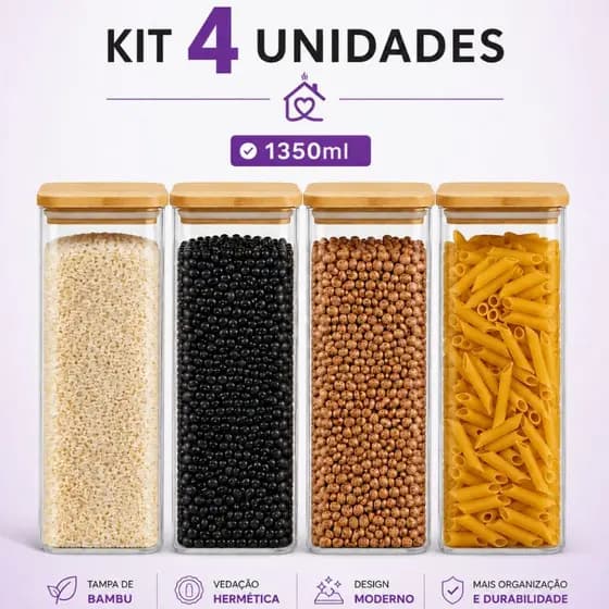 Kit 4 Potes Vidro 1350ml Quadrado Herméticos Porta Mantimentos Tampa Bambu Hermético Tamanho Grande