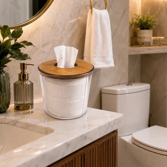 Porta Papel Higiênico Luxo Transparente Com Tampa De Bambu