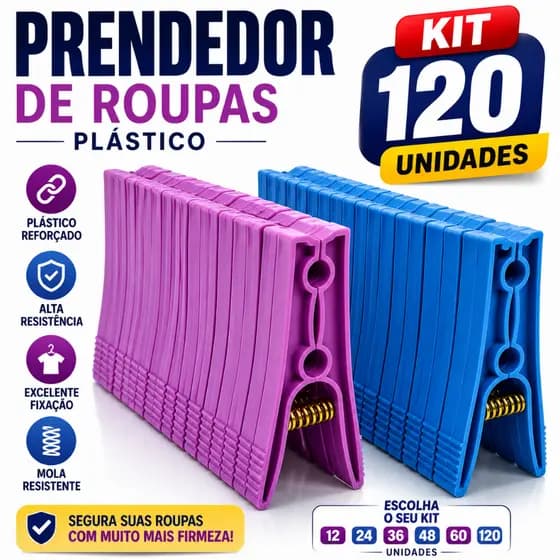 Prendedor de Roupa Plástico Reforçado Grande Kit 12 a 120 Unidades Alta Resistência Varal