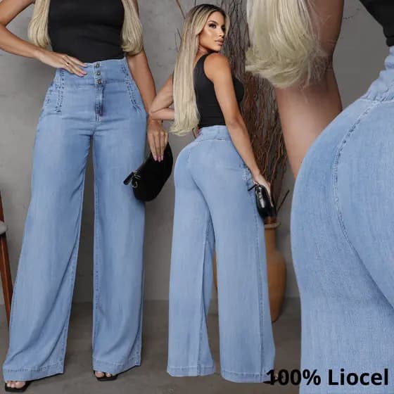 Calça feminina pantalona cintura alta alfaiataria jeans liocel social wide leg premium moda elegante