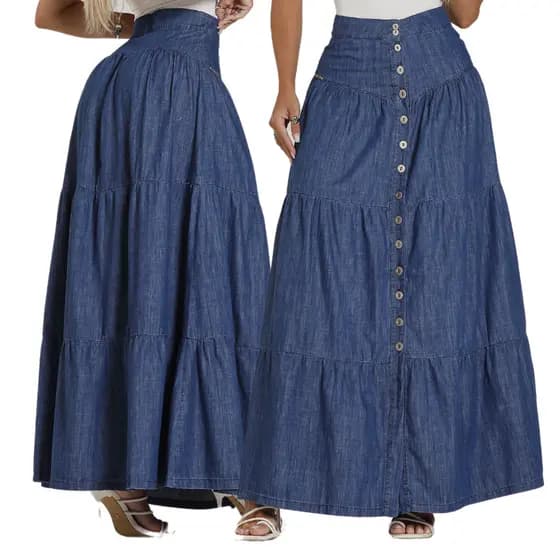 Saia Jeans Feminina Longa Midi Liocel Tencel Moda Evangelica Três Marias Elegante