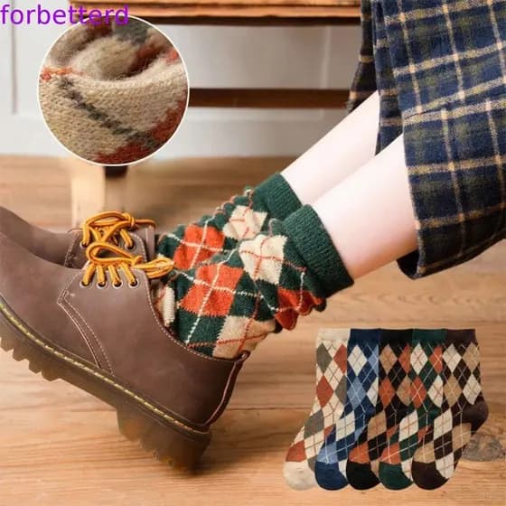 Meias Femininas De Malha Confortáveis Clássicas Outono Inverno Padrão Xadrez Estilo Preppy Casuais Grossas