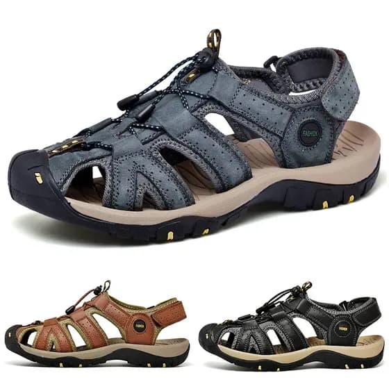 Sandálias masculinas respiráveis com cobertura de dedo do pé, sapatos casuais ocos, couro coberto de dedo do pé, sandáli