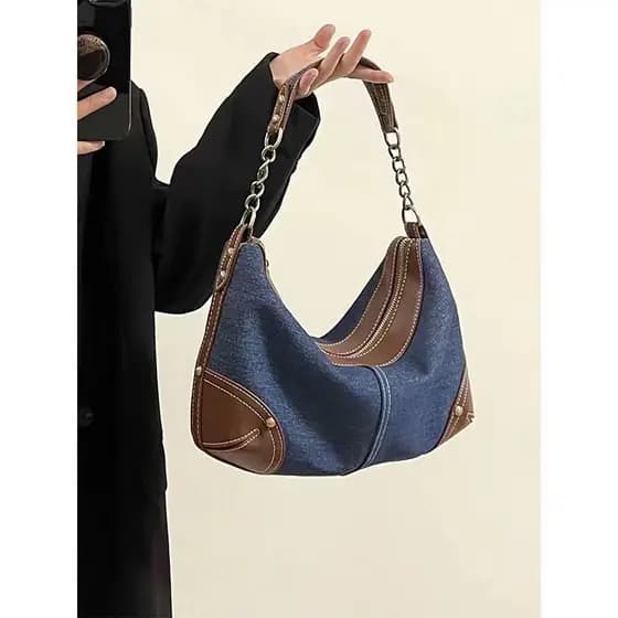 Niche vintage Retro Contraste Retro Contraste Cor Denim Saco de ganga para as axilas Mulheres 2024 Saco de malha para o ombro A9LP