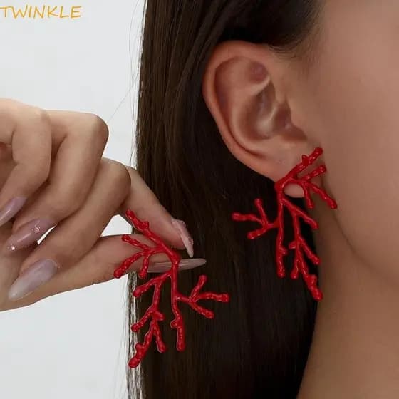 Brincos TWINKLEO Coral Branch , Engraçados De Metal Vermelho Irregulares Boêmios De Exagero Oco