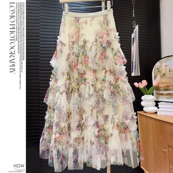 Europeu americano costura impressa gaze bolo saia saia feminina Floral inchado saia longa