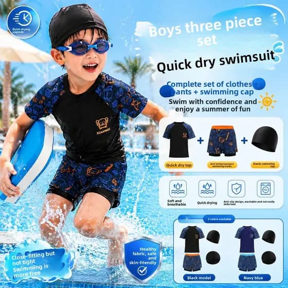 Médio grande crianças meninos maiô de três peças de secagem rápida maiô crianças piscina praia terno