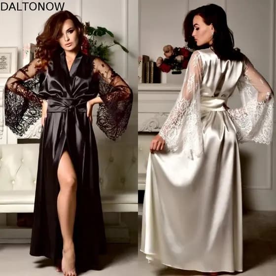 Robe Noturno De Cetim DALTONOW , Camisola Confortável De Seda Plus Size , Pijama Feminino De Manga Comprida Com Decote E