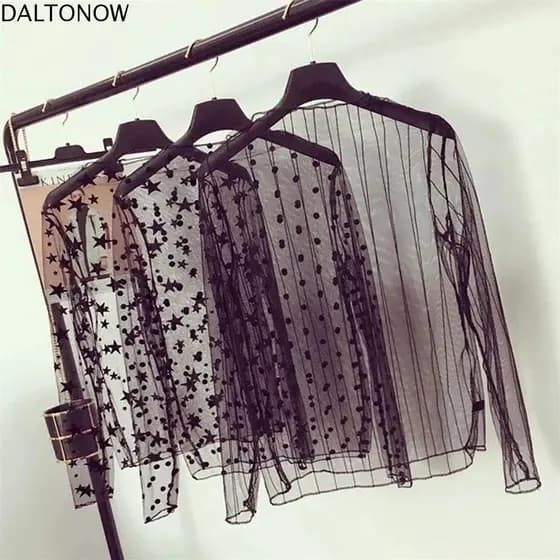 Camiseta De Renda DALTONOW , Blusas Femininas De Malha Com Gola Alta De Manga Comprida Transparentes , Transparente