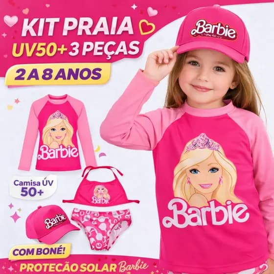 Conjunto Praia Infantil Menina UV50+ 3 Peças | Camisa UV Manga Longa + Biquíni + Boné Personagem Verão 2 a 8 anos