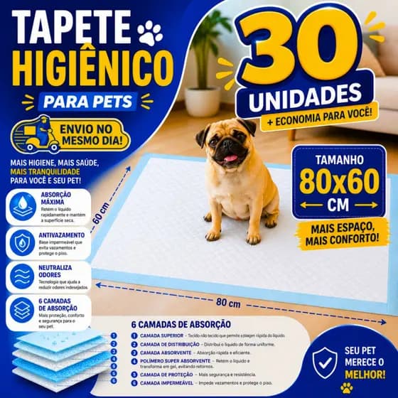 Tapete Higiênico Pet 80x60 30 Unidades Alta Qualidade Super Absorção Antivazamento Antiodor