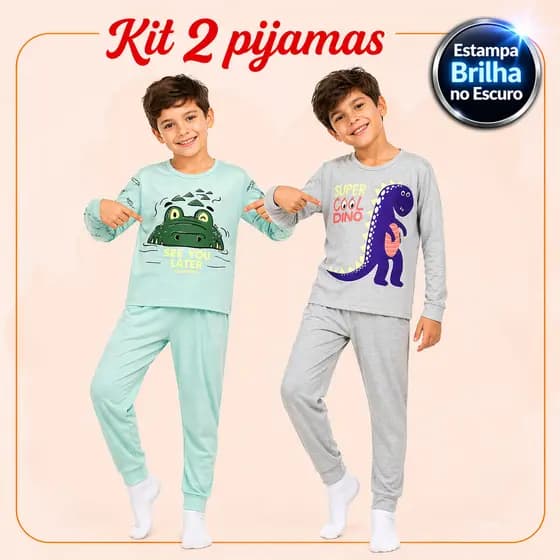 Kit 2 Pijamas Brilha no Escuro Manga Longa Menino Infantil Estampa Brilhante Inverno Malha Levinha