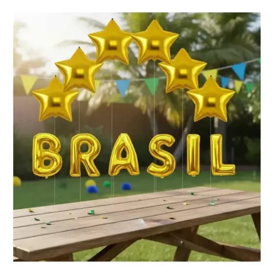 Kit Decoração Brasil Copa 6 Balões Estrela e Letras BRASIL Douradas