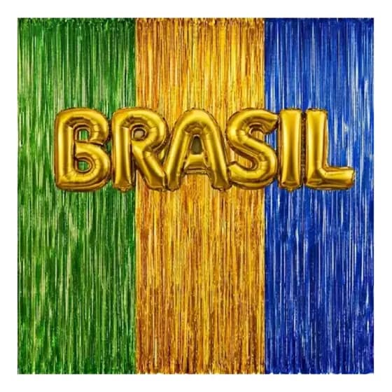 Kit Decoração Brasil Copa Letras BRASIL e 3 Cortinas Coloridas Festa