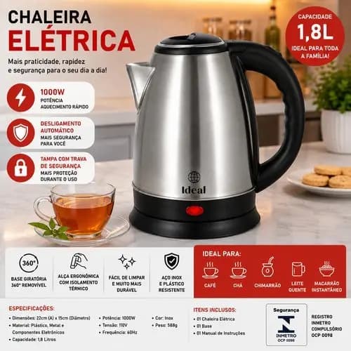 Chaleira Eletrica Inox 1,8 Litro Rapida Alta Potencia 1000W 127V Design Moderno Safira