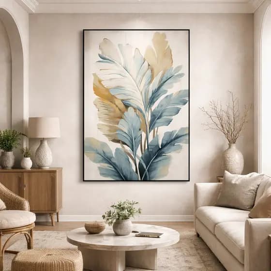 Quadro Decorativo Folhagem Bege e Azul Minimalista Clean Decoração Sala Quarto Hall 110x70 Luxo