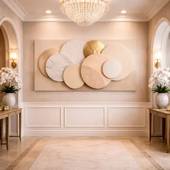 Quadro Decorativo Design Circular Abstrato Bege Branco e Dourado Tons Pasteis Luxo Minimalista Clean