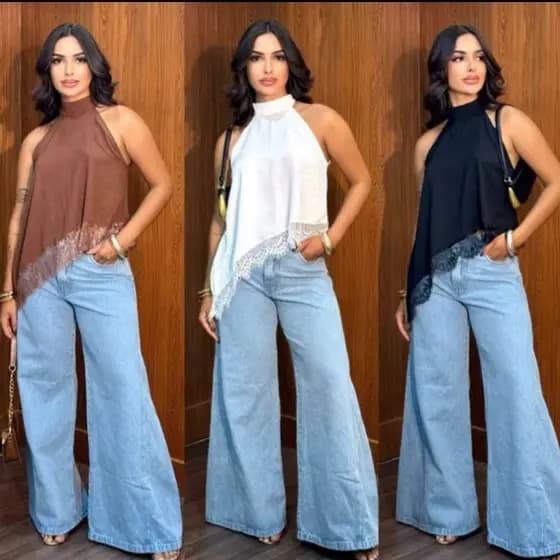 Blusa Feminina Gola Alta Assimétrica Frente Única Com Renda Ou KIT Bata Elegante Tendência Inverno