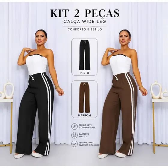 kit 2 Calça Pantalona ou Unitária Duna Listras Laterais Leve ,Confortavel