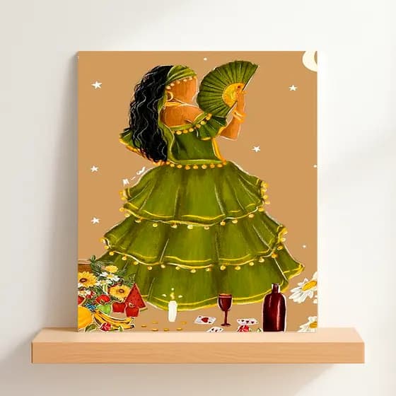 QUADRO DECORATIVO PLACA MDF-CIGANA ESMERALDA ABANANDO O LEQUE VERDE