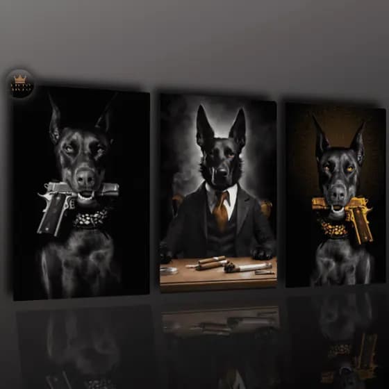 Quadro Decorativo 3 Peças Cachorros Gangstar Mafiosos Full HD