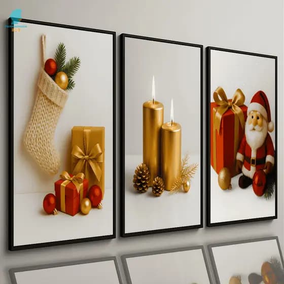 Quadros Decorativos 3 Peças Natal Velas Douradas Papai Noel e Presentes Luxo Sala