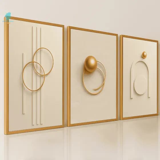 Quadros Decorativos Trio Abstrato Formas Geométricas Dourada e Bege Sala Quarto