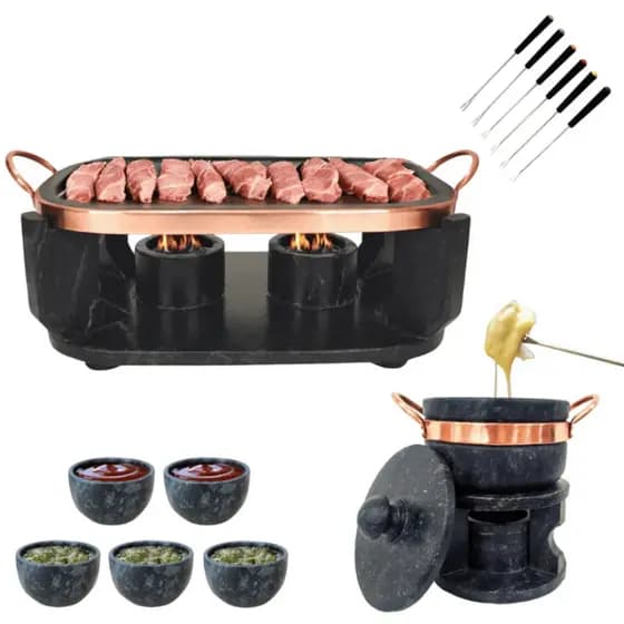 Churrasqueira Fondue CHAPA RETA + Fondue 800ml + 5 Tigelas + 6 Garfinhos