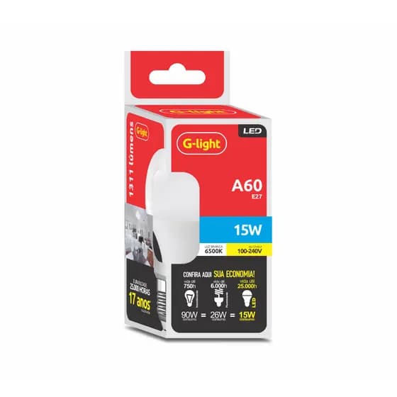 Lâmpada Led Bulbo A60 G-light 15W 6500K luz branca E27 Bivolt pera casa econômica