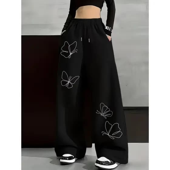 Calça Moletom Wide Leg Feminina Estampa Borboleta Y2K Estética Gringa
