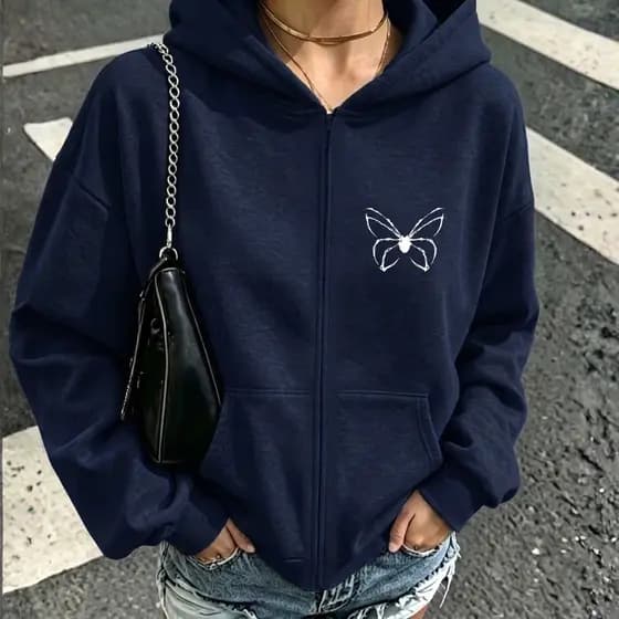 Blusa De Frio Moletom Aberto Com Zíper E Capuz Estampa Borboleta Grunge Gringa