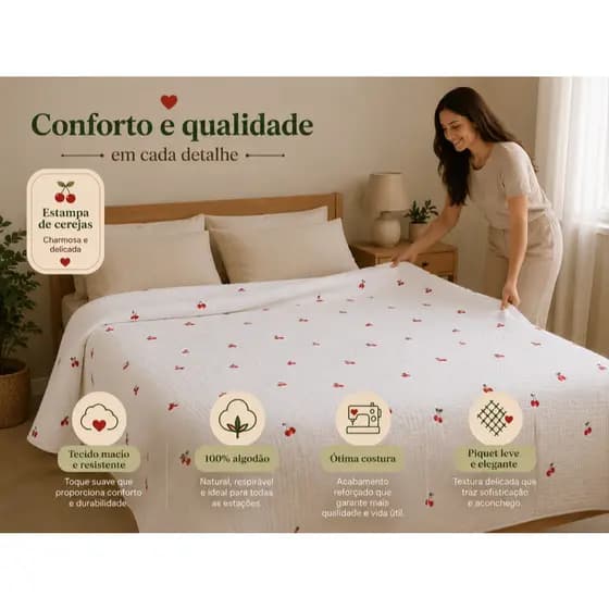 Colcha Piquet Cereja Casal Queen Texturizada Macia Elegante Cobre Leito Decorativo