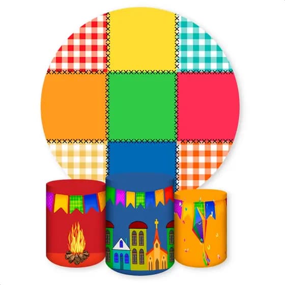 Painel Redondo e Capas de Cilindro Sublimados Tema Festa Junina