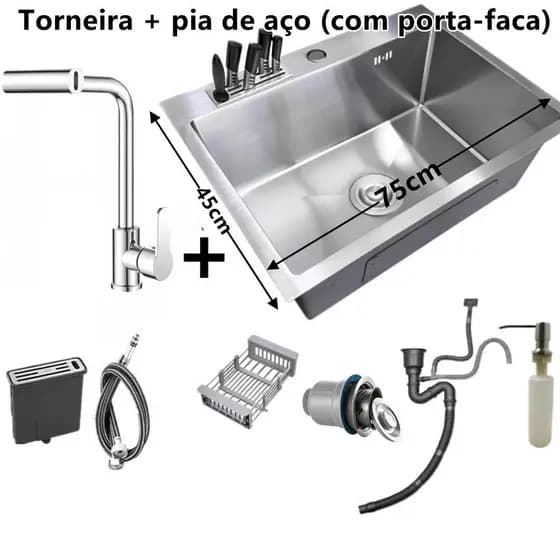 Cuba Aço Inoxidável 304 Pia Cozinha Gourmet Quadrada Escovada 75x45cm/60x45cm Com Acessórios Completa Luxo