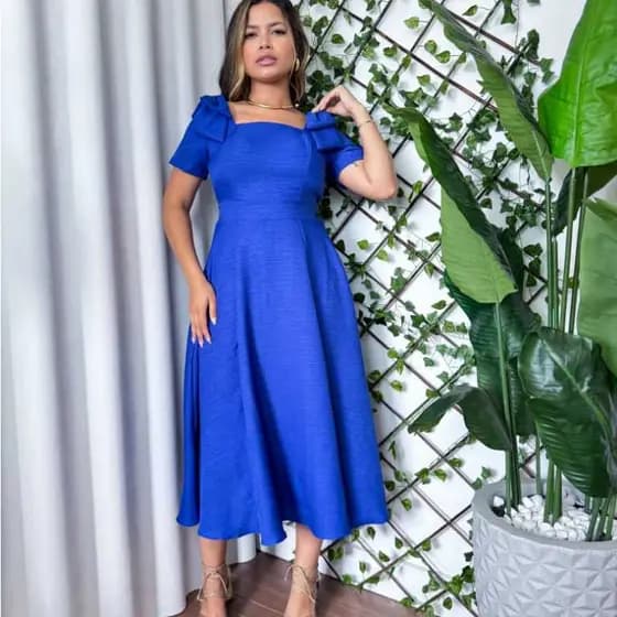 Vestido Feminino Mídi em Duna Linho com Laço na Manga Elástico na Cintura - Moda Casual