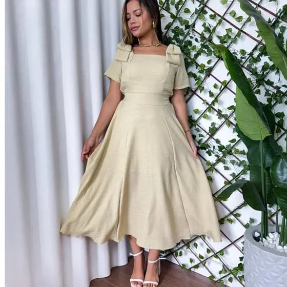 Vestido Feminino Mídi em Duna Linho com Laço na Manga Elástico na Cintura - Moda Elegante Festa