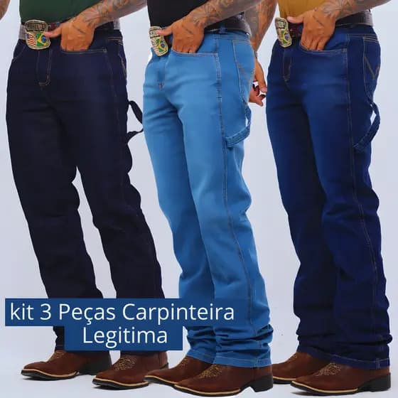 Kit E Unidade Calça Jeans Country Carpinteira Premium Masculina Bolsos Funcionais Rodeio Tecido Grosso Muladeira 1 2 3 4