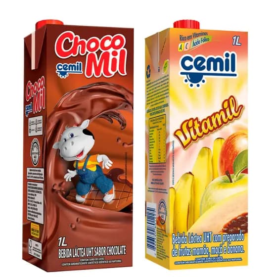 Combo de 2 Bebidas Láctea embalagem com 1L Cemil Chocomil e Vitamil