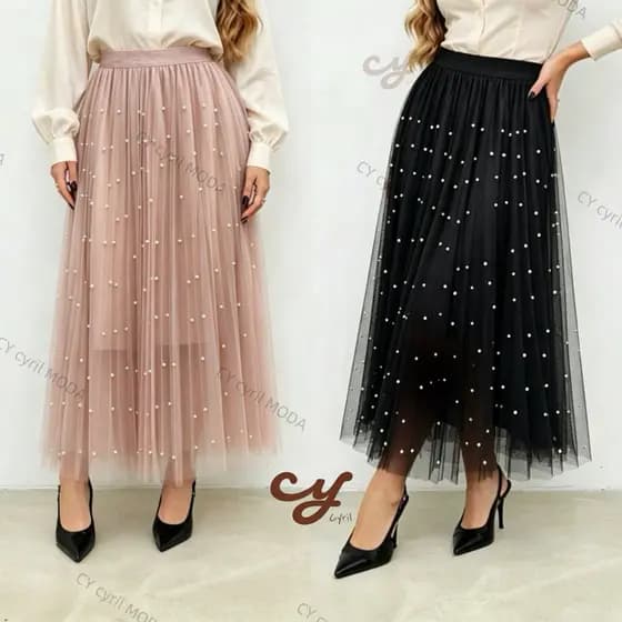 Saia Midi Longa de tule com Pérolas - feminino - modas primavera, verão-Estilo Elegante-