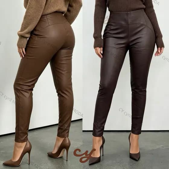 Calça de couro Leggings Feminina Courino Resinada Skinny Modelagem Ajustada Versátil com Forro Flanelado Interno