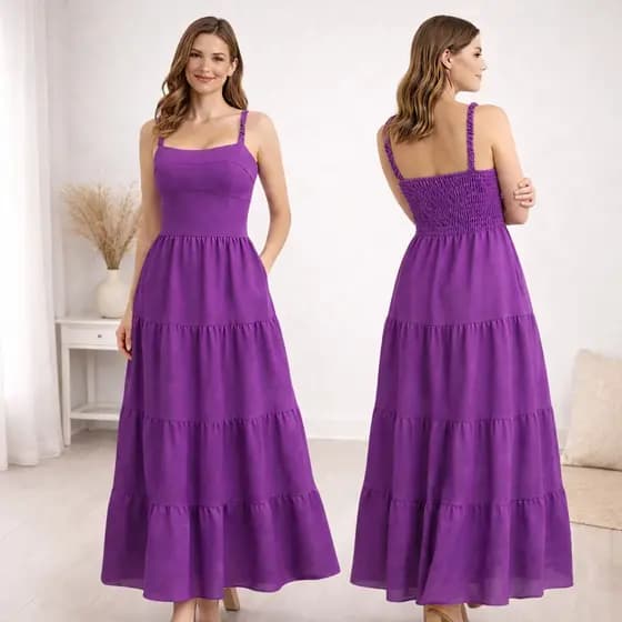 Vestido Longo Elegante com Alças larga Modelagem Acinturada e Saia em Camadas Estilo Natural Chic