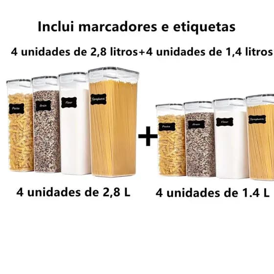 8 Potes Herméticos 2.8L /1.4L em Acrílico Cristal para Cozinha DesignArmazenamento de Alimentos Organizador