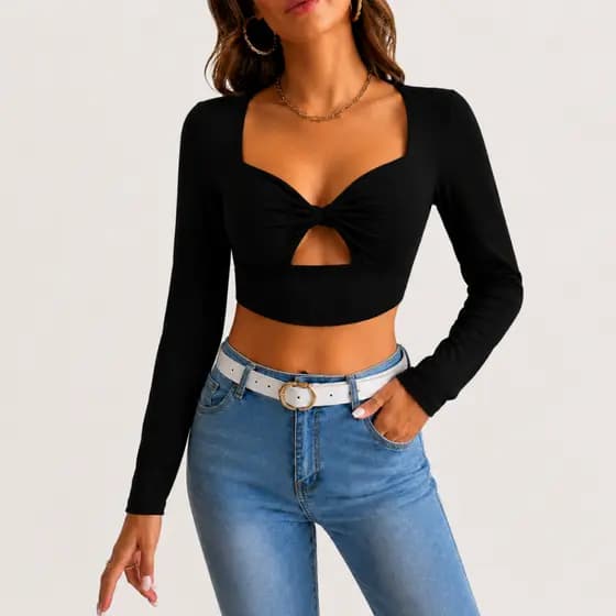 Blusinha Cropped Nó Manga Longa Com Abertura Frontal Moda Gringa Suplex