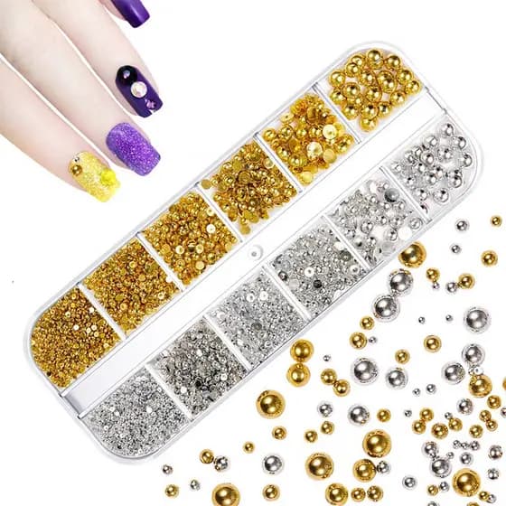 Novos adornos para unhas em prata e dourado, pérolas de unhas em forma de meia-lua de 1,5-5 mm